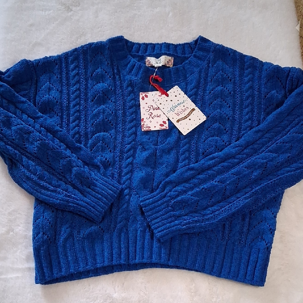 Pink Rose Blue Cable Knit Sweater